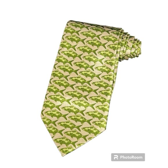 Fishing Fish Necktie Mens Green Gold Fathers Day Dad Pisces Wedding Tie Outdoors - Picture 4 of 11